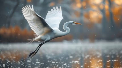 Majestic Great Egret Taking Flight Over A Serene Lake At Twilight - obrazy, fototapety, plakaty