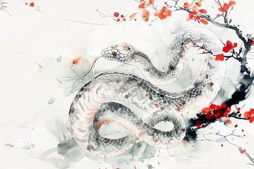 Traditional snake pattern. Oriental ornament, snake. Snake on blooming eyelid