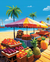 A fantasy beachside market where fruits of all kinds, wearing tiny hats and sunglasses, barter and sell summer delicacies, from icy fruit popsicles to refreshing, fizzy juice cocktails