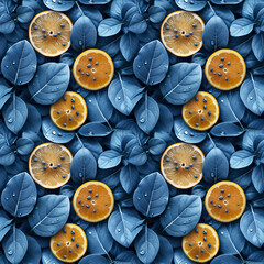 Seamless pattern of blue leaves and sliced kiwi fruit on a dark background, suitable for wallpaper or fabric design.