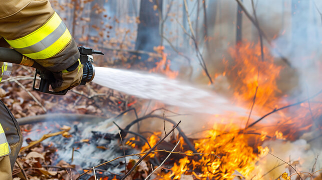 Close-up of a firefighter putting out a fire in the forest. Fire Department Day