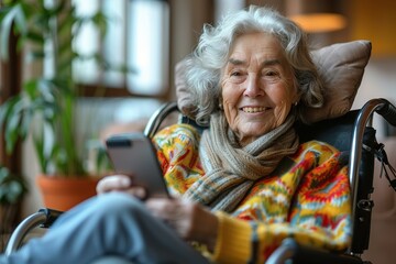 Embracing Technology Portrait of a Smiling Senior Woman on Wheelchair, Engaging with the Digital World through Her Smartphone at Her Comfortable Living Home