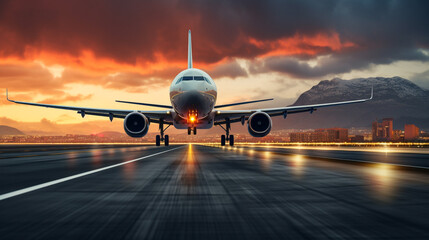 A passenger plane making a smooth landing in HDR, capturing the precision and skill of the pilot against a dynamic airport backdrop. - obrazy, fototapety, plakaty