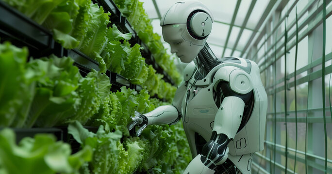A humanoid robot working in an indoor farm