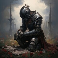 Fantasy art of graveside knight kneels, pray whispered to dead friends and victims