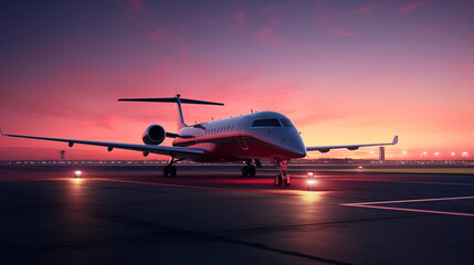 A private charter jet parked on the tarmac at dusk, with the cabin lights on and a red carpet leading up to the aircraft.