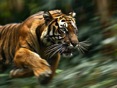 a tiger sprinting through a dense jungle, its powerful form a blur of motion and grace