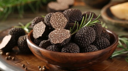 Fresh Black Truffles in a Wooden Bowl Decorated With Rosemary Sprigs