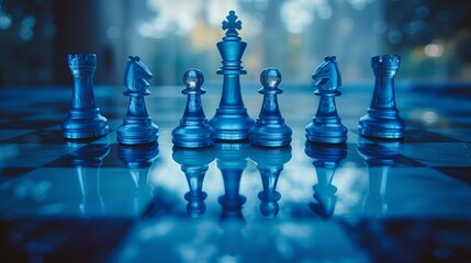 Blue Chess Set on Black and White Chess Board - obrazy, fototapety, plakaty