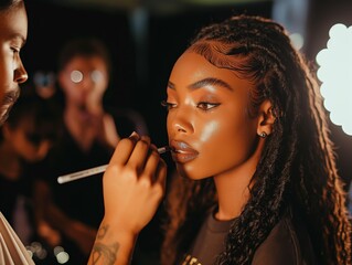 A fashion model getting runway-ready backstage, having makeup applied by a professional