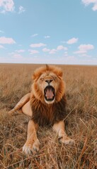 Resounding roar of the majestic lion reverberates through the vast savannah plains