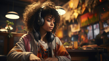 generated illustration happy young black curly-haired girl with headphones is working - obrazy, fototapety, plakaty