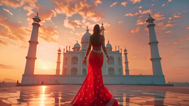 woman in saree Indian red dress costume dancing in side Taj Mahal India sunset time ,generative ai