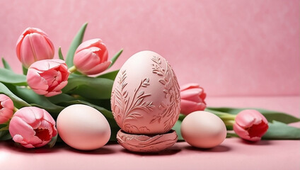 Easter egg and pink tulips. Easter card or background with copy space.