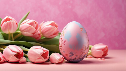 Easter egg and pink tulips. Easter card or background with copy space.