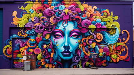 Explore the streets alive with the energy of a bold and psychedelic street art mural.
