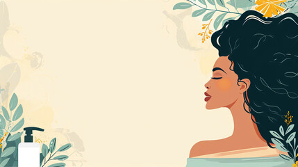 Side profile of woman with natural hair and botanical elements on beige background. Digital illustration with space for text. Wellness and beauty concept design for spa, beauty salon
