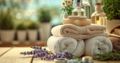 Luxurious Towels Paired with Herbal Bags and Beauty Items in a Spa's Serene Ambiance
