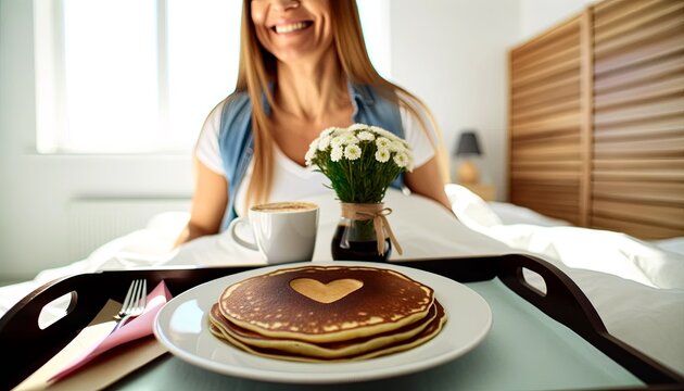 Delighted mom enjoys a surprise breakfast in bed with heart-shaped pancakes on Mother's Day