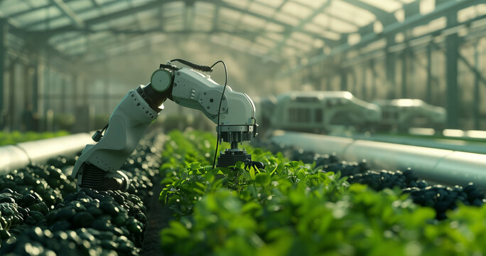 A humanoid robot working in an indoor farm