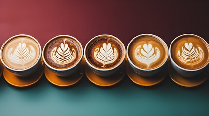Cups of Barista Coffee Latte Art with different Coffee Roasts