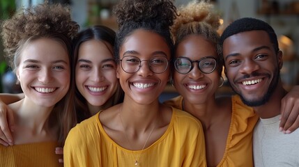 Fototapeta premium Diverse group of happy friends smiling together, multicultural young people hugging in a close-up portrait, unity and friendship concept