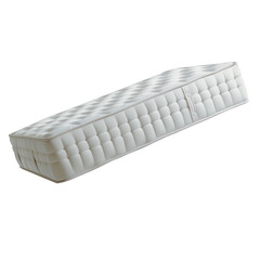 Large white mattress isolated on a white or transparent background. Orthopedic mattress close-up made of polyurethane foam, side view. Graphic design element on the theme of interior. - obrazy, fototapety, plakaty