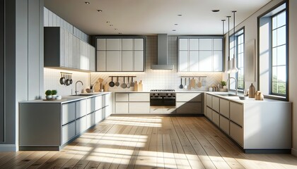contemporary style kitchen interior with no people, featuring modern appliances, sleek cabinetry, and a minimalist design