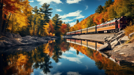 Fototapeta premium A scenic train journey captured in HDR, showcasing a train winding along a river with autumn foliage reflecting in the water.