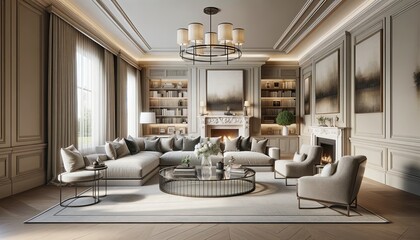 Tranditional style modern living room interior with no people, blending the comfort of traditional design with the sleekness of contemporary aesthetic.