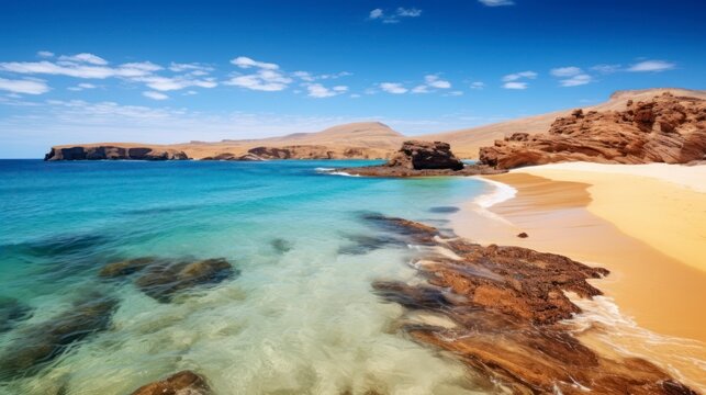 The Idyllic Harmony of Golden Sands, Turquoise Sea, and Brown Cliffs Along the Coast