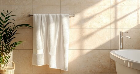 Soft, Clean, White Towel Hanging on Metal Rack in a Modern Bathroom with Beige Tile Wall Background - obrazy, fototapety, plakaty