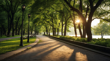 Obraz premium A serene park path in HDR, with people walking and jogging, surrounded by lush green trees and the soft light of a setting sun filtering through the leaves.