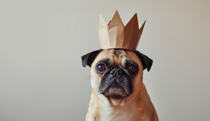 Pug Dog Wearing a Brown Paper Crown, Studio Photo, White Background, Copy Space