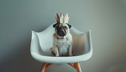 Brown Pug Sitting on an Armchair Wearing a Paper Crown, White Background, Studio Photo