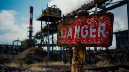 Weathered Danger Sign at Industrial Site With Factory Structures in the Background