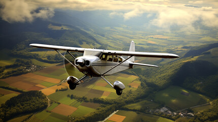 A small propeller plane flying over a serene countryside landscape in HDR, showcasing the beauty...