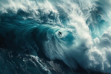A man skillfully rides a wave on his surfboard, maintaining balance and enjoying the thrill of the surf, A powerful wave crashing down on a surfer mid-ride, AI Generated