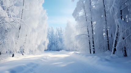 Obraz premium A snowy road in a winter landscape, with snow-covered trees and a clear path carved through the snow.