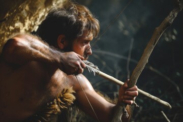 A man confidently holds a bow and arrow while standing among the trees in a wooded area, A primitive caveman hunting for wild game with a crude spear, AI Generated - obrazy, fototapety, plakaty