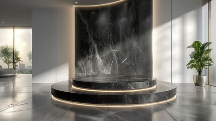 Luxurious Circular Podium in Glossy Black Marble, Illuminated by Ambient Soft Lighting, Set Against a Sleek, Minimalist White Space, Exuding the Essence of Sophistication