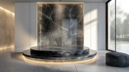 Luxurious Circular Podium in Glossy Black Marble, Illuminated by Ambient Soft Lighting, Set Against a Sleek, Minimalist White Space, Exuding the Essence of Sophistication