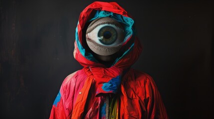 Person Wearing Red Hooded Jacket With Eye Pattern in Front of Black Background
