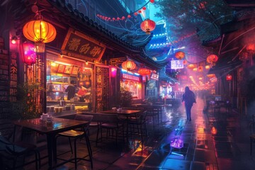 A person is seen walking down a dimly lit street at night, surrounded by the glow of city lights and tall buildings, A psychedelic vision of nightlife at a Chinese food street, AI Generated