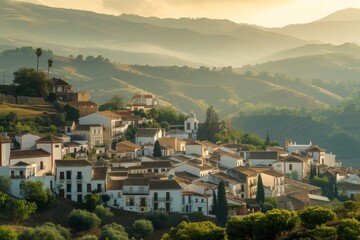 Fototapeta premium A small village sits nestled on a hillside, with towering mountains providing a stunning backdrop, A quaint Islamic town nestled in the valleys of Andalusia, Spain, AI Generated