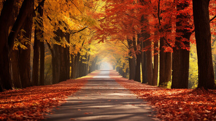 A tree-lined country road in autumn, with leaves in vibrant shades of red, orange, and yellow.