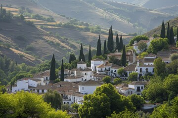 A small village nestled on a hillside, surrounded by a lush canopy of trees, A quaint Islamic town nestled in the valleys of Andalusia, Spain, AI Generated