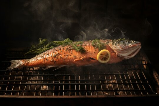 Aromatic Smoked fish grill food. Fire salad. Generate Ai