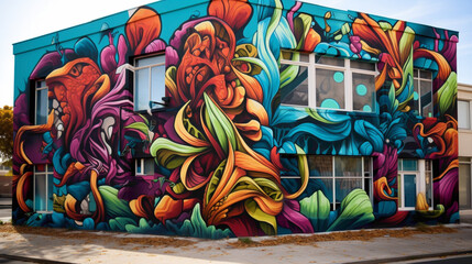 Explore the urban landscape transformed by the bold and psychedelic colors of street art murals.