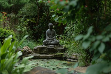 A Buddha statue sits atop a rock in a serene garden setting, A quiet moment of reflection in a garden, AI Generated